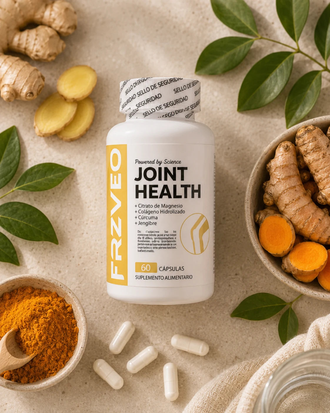 Joint Health junto a cúrcuma, jengibre y cápsulas