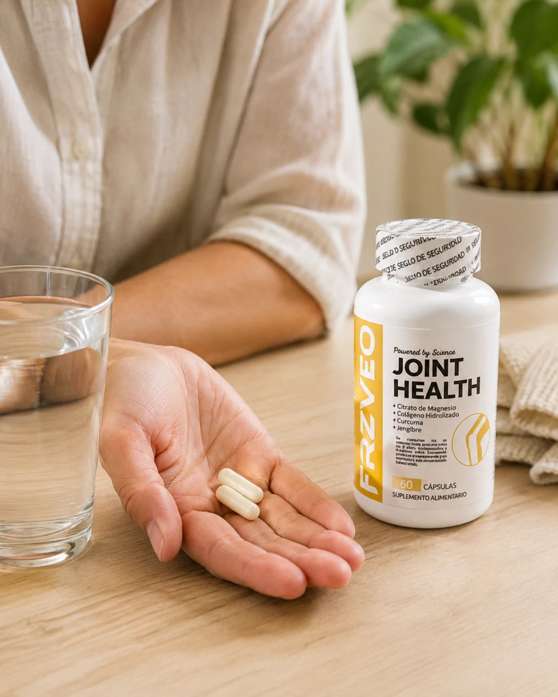Cápsulas Joint Health junto a un vaso de agua